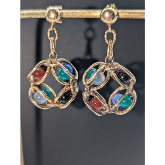 VTG B & B Bates and Bacon Co. Caged Agate Orb Beads in 1/20 12K GF Post Earrings - Picture 4 of 5